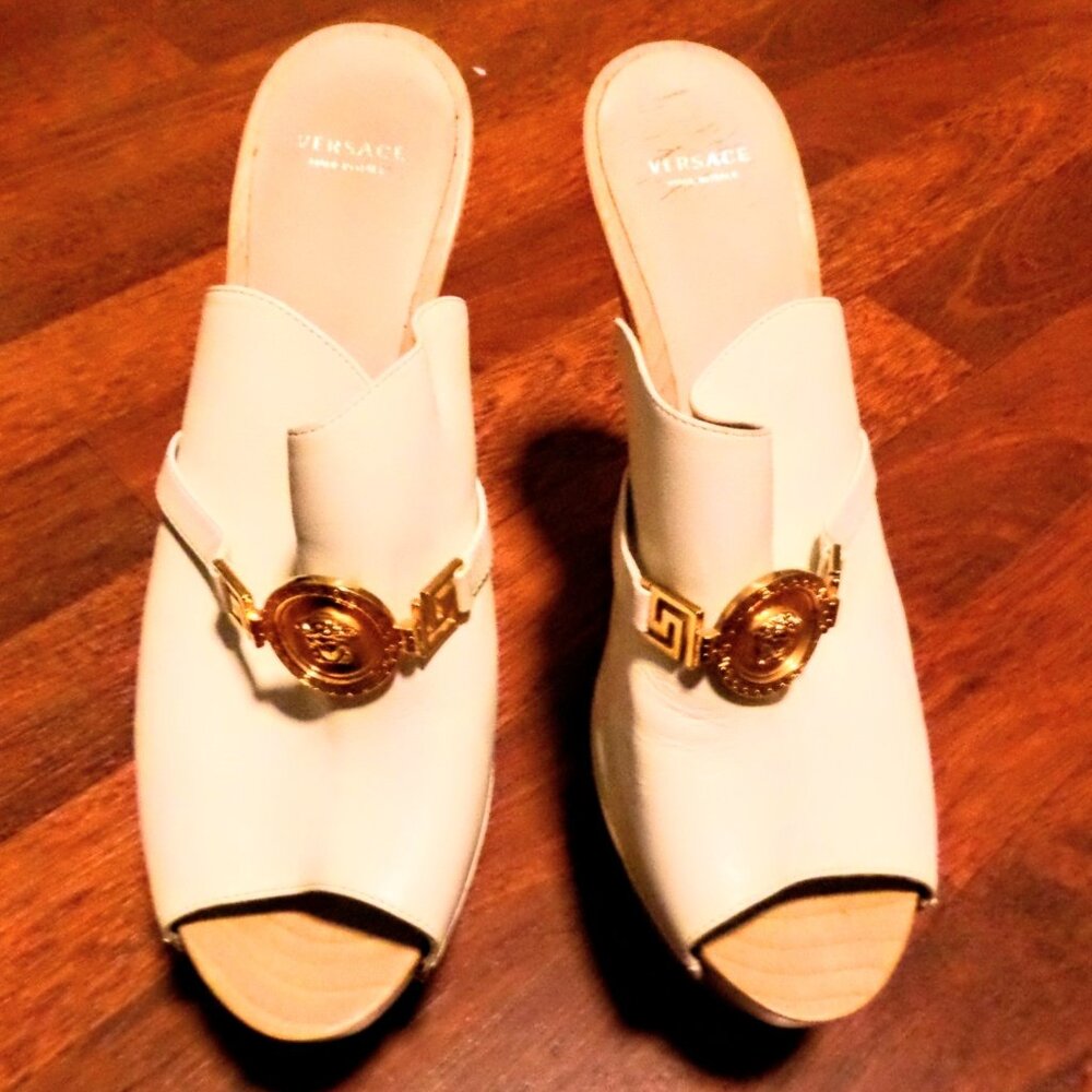Versace Open Toed High Heel Mule Sandals White Leather With Gold Medusa